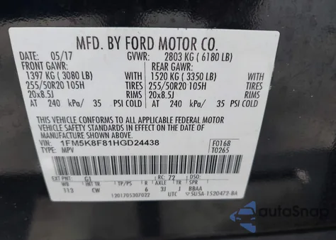 2017 Ford Explorer Limited z USA, uszkodzony, nr VIN 1FM5K8F81HGD24438
